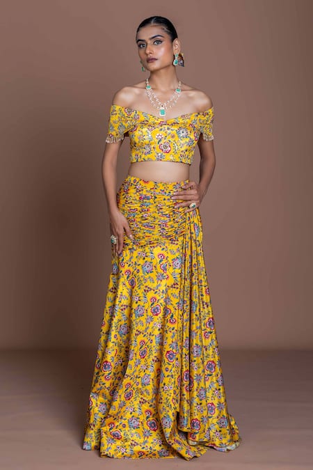 Buy_Damoiselle_Yellow Chinon, Silk, Viscose Embroidery Off-shoulder Mustard Floral Lehenga Set _Online_at_Aza_Fashions
