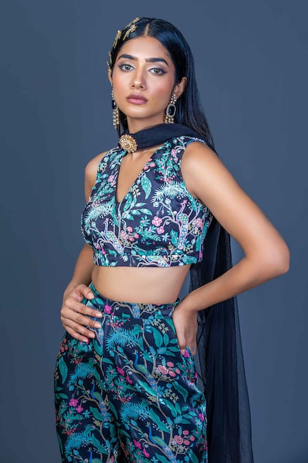 Shop_Damoiselle_Black Chinon, Viscose, Shantoon, Net Sequins, Midnight Peacock Charm Coord Set _Online_at_Aza_Fashions