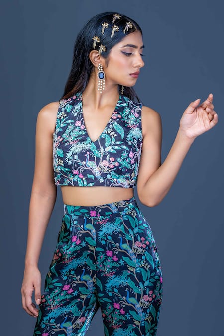 Damoiselle_Black Chinon, Viscose, Shantoon, Net Sequins, Midnight Peacock Charm Coord Set _at_Aza_Fashions