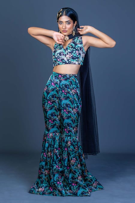 Damoiselle Black Chinon, Viscose, Shantoon, Net Sequins, Midnight Peacock Charm Coord Set