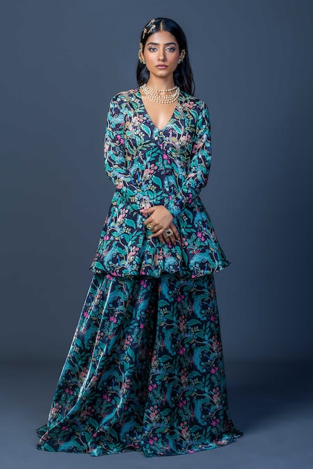 Damoiselle_Black Chinon, Viscose, Georgette Embroidery Midnight Peacock Peplum Ensemble _Online_at_Aza_Fashions