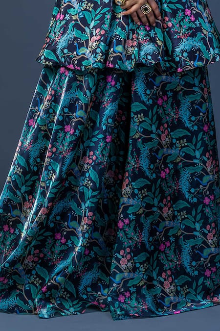 Buy_Damoiselle_Black Chinon, Viscose, Georgette Embroidery Midnight Peacock Peplum Ensemble _Online_at_Aza_Fashions