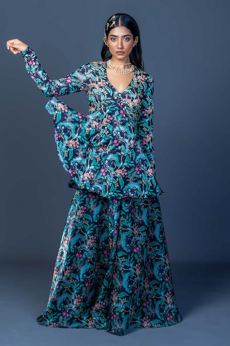 Damoiselle Black Chinon, Viscose, Georgette Embroidery Midnight Peacock Peplum Ensemble