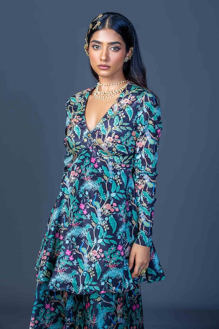 Shop_Damoiselle_Black Chinon, Viscose, Georgette Embroidery Midnight Peacock Peplum Ensemble _Online_at_Aza_Fashions