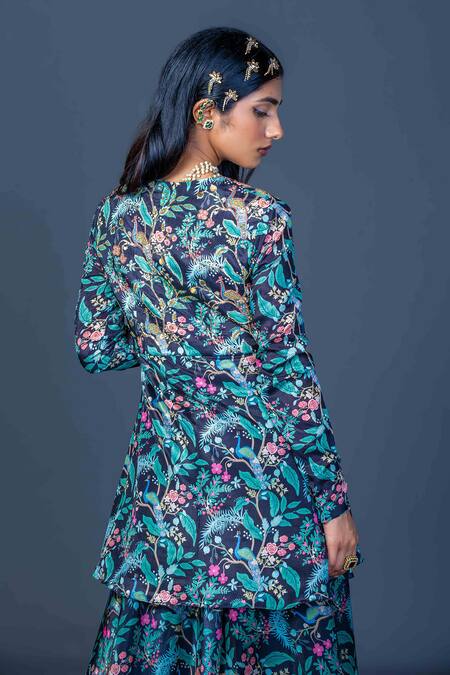 Damoiselle_Black Chinon, Viscose, Georgette Embroidery Midnight Peacock Peplum Ensemble _at_Aza_Fashions