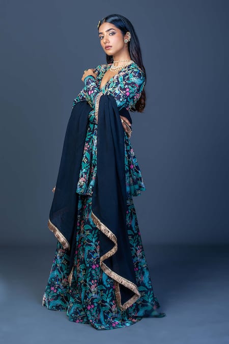 Shop_Damoiselle_Black Chinon, Viscose, Georgette Embroidery Midnight Peacock Peplum Ensemble 