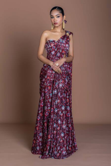 Damoiselle_Maroon Chinon, Silk Pearls Asymmetric Embroidered Midnight Rani Saree _Online_at_Aza_Fashions