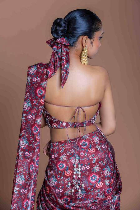 Buy_Damoiselle_Maroon Chinon, Silk Pearls Asymmetric Embroidered Midnight Rani Saree _Online_at_Aza_Fashions