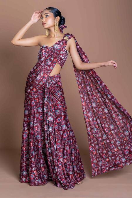 Shop_Damoiselle_Maroon Chinon, Silk Pearls Asymmetric Embroidered Midnight Rani Saree _Online_at_Aza_Fashions