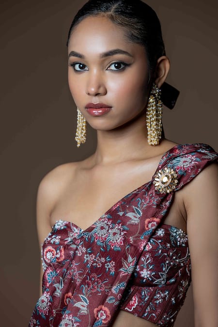 Damoiselle_Maroon Chinon, Silk Pearls Asymmetric Embroidered Midnight Rani Saree _at_Aza_Fashions