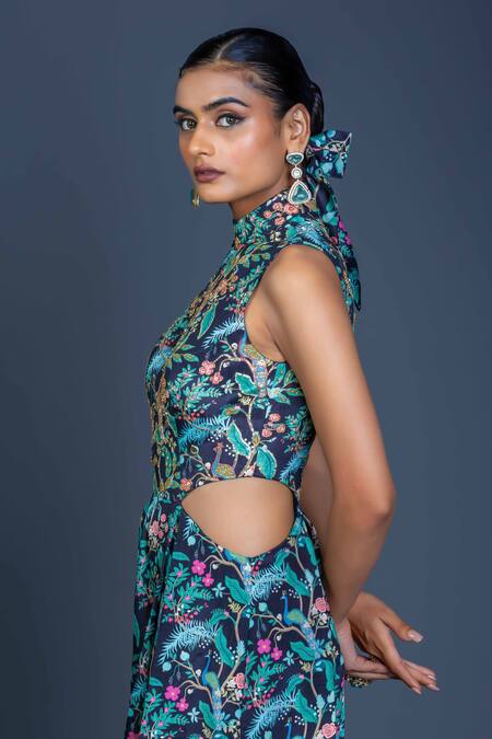 Buy_Damoiselle_Multi Color Chinon, Silk Embroidery High Neck Peacock Mirage Cutout Jumpsuit _Online_at_Aza_Fashions