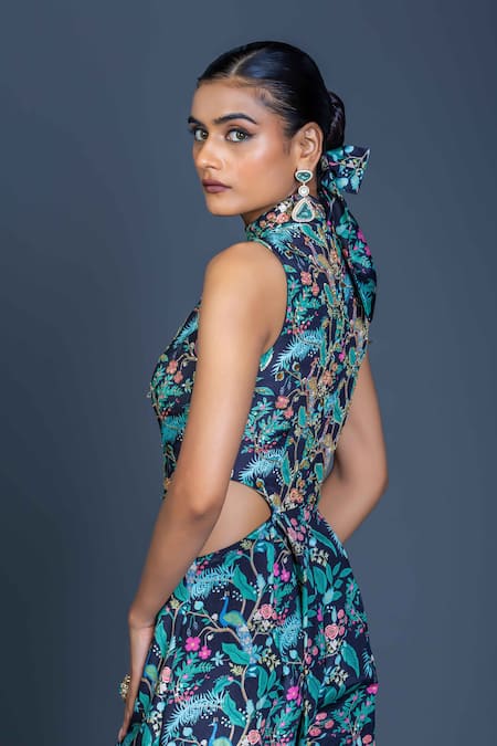 Shop_Damoiselle_Multi Color Chinon, Silk Embroidery High Neck Peacock Mirage Cutout Jumpsuit _Online_at_Aza_Fashions