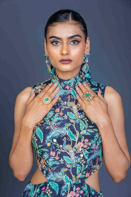 Damoiselle_Multi Color Chinon, Silk Embroidery High Neck Peacock Mirage Cutout Jumpsuit _at_Aza_Fashions