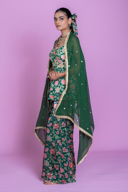Damoiselle_Green Chinon, Silk, Viscose, Georgette Sequins Floral Peplum Palazzo Set _Online_at_Aza_Fashions