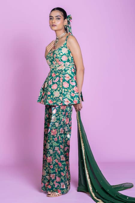 Buy_Damoiselle_Green Chinon, Silk, Viscose, Georgette Sequins Floral Peplum Palazzo Set _Online_at_Aza_Fashions