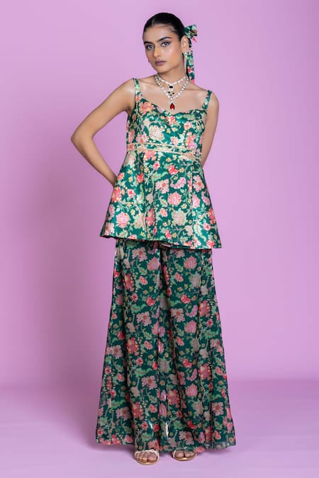 Damoiselle Green Chinon, Silk, Viscose, Georgette Sequins Floral Peplum Palazzo Set 