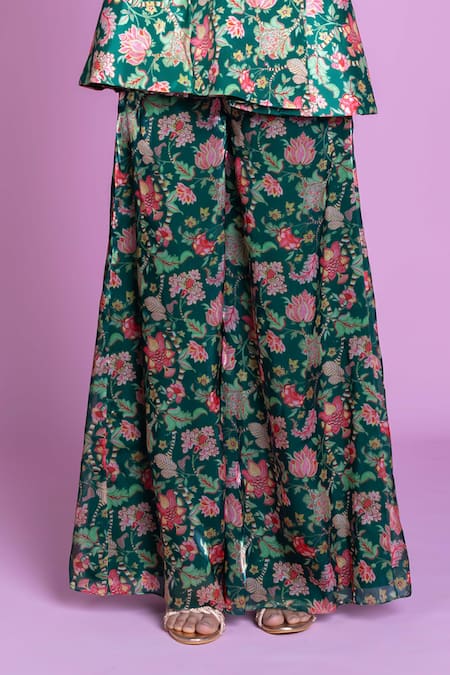 Shop_Damoiselle_Green Chinon, Silk, Viscose, Georgette Sequins Floral Peplum Palazzo Set _Online_at_Aza_Fashions