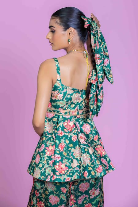 Damoiselle_Green Chinon, Silk, Viscose, Georgette Sequins Floral Peplum Palazzo Set _at_Aza_Fashions