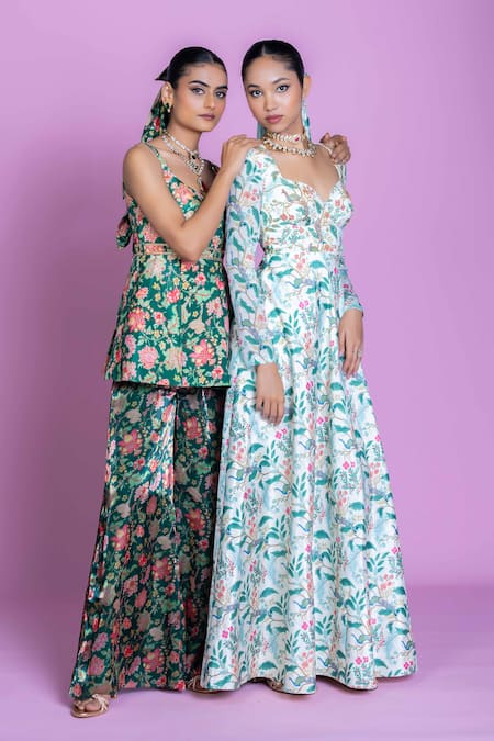 Buy_Damoiselle_Green Chinon, Silk, Viscose, Georgette Sequins Floral Peplum Palazzo Set 