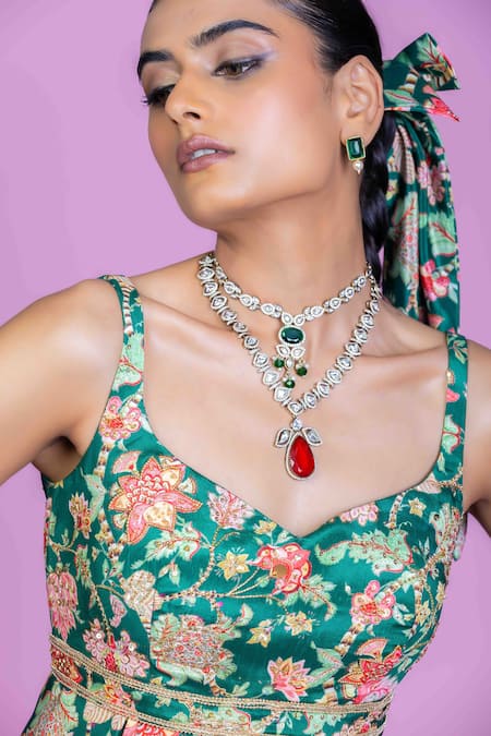 Shop_Damoiselle_Green Chinon, Silk, Viscose, Georgette Sequins Floral Peplum Palazzo Set 