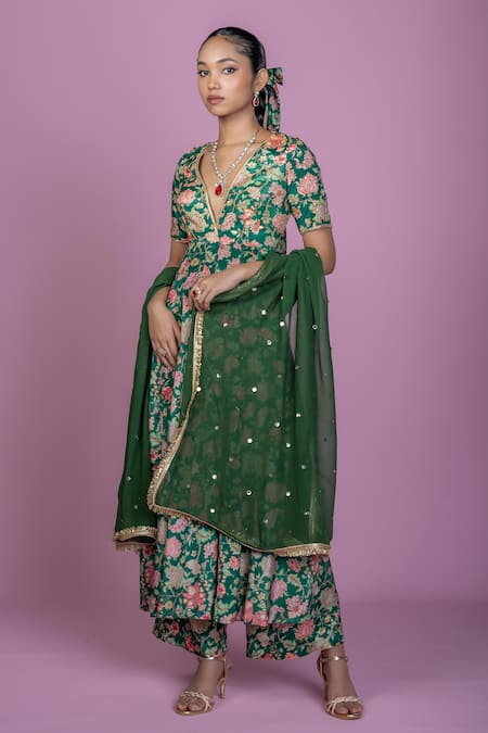 Damoiselle Green Chinon, Georgette, Viscose Zari V-neck Floral Print Anarkali Kurta Set