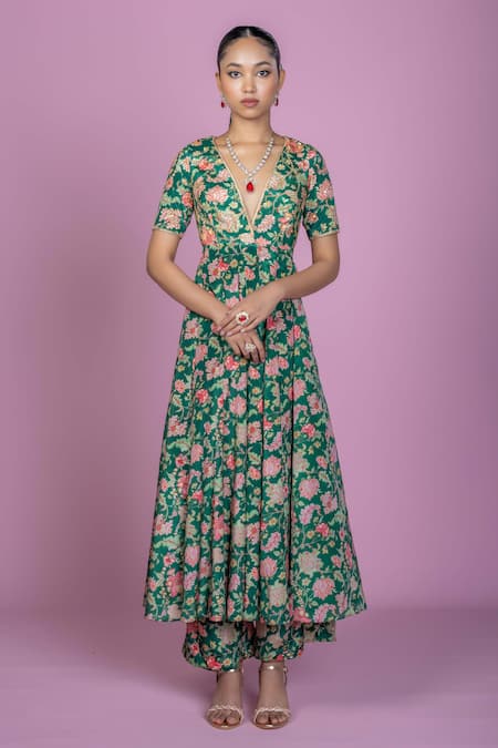 Damoiselle_Green Chinon, Georgette, Viscose Zari V-neck Floral Print Anarkali Kurta Set _Online_at_Aza_Fashions