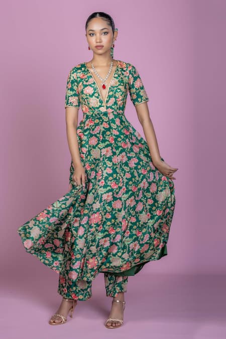 Buy_Damoiselle_Green Chinon, Georgette, Viscose Zari V-neck Floral Print Anarkali Kurta Set _Online_at_Aza_Fashions