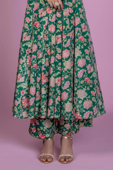 Shop_Damoiselle_Green Chinon, Georgette, Viscose Zari V-neck Floral Print Anarkali Kurta Set _Online_at_Aza_Fashions
