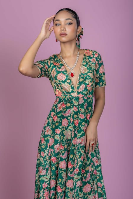 Damoiselle_Green Chinon, Georgette, Viscose Zari V-neck Floral Print Anarkali Kurta Set _at_Aza_Fashions