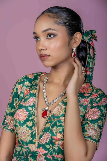 Buy_Damoiselle_Green Chinon, Georgette, Viscose Zari V-neck Floral Print Anarkali Kurta Set 