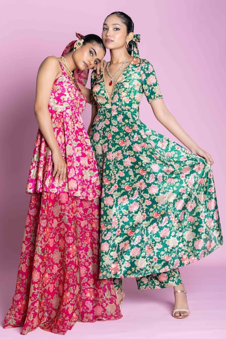 Shop_Damoiselle_Green Chinon, Georgette, Viscose Zari V-neck Floral Print Anarkali Kurta Set 