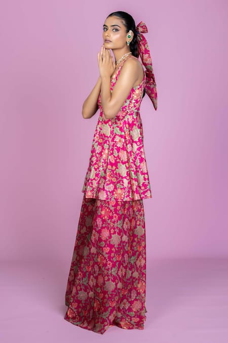 Damoiselle_Pink Chinon, Silk, Viscose, Georgette Embroidery Scoop Rani Bloom Sharara Set _Online_at_Aza_Fashions