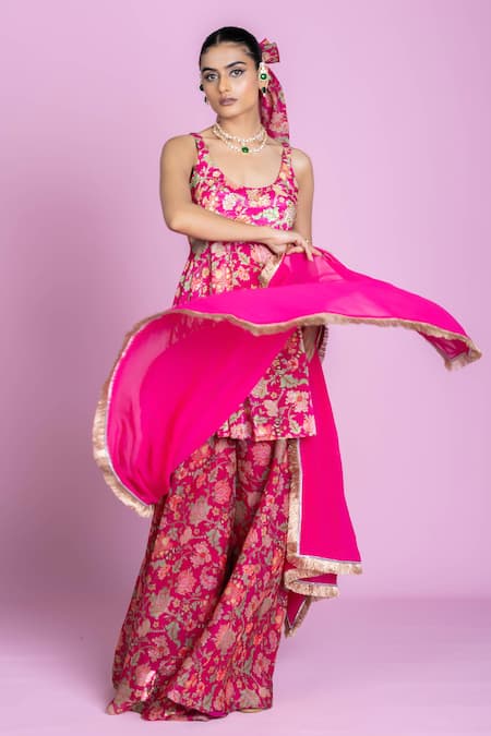 Buy_Damoiselle_Pink Chinon, Silk, Viscose, Georgette Embroidery Scoop Rani Bloom Sharara Set _Online_at_Aza_Fashions