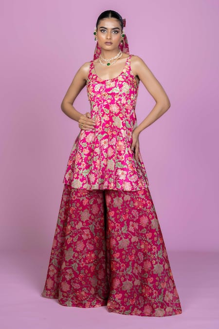 Damoiselle Pink Chinon, Silk, Viscose, Georgette Embroidery Scoop Rani Bloom Sharara Set 