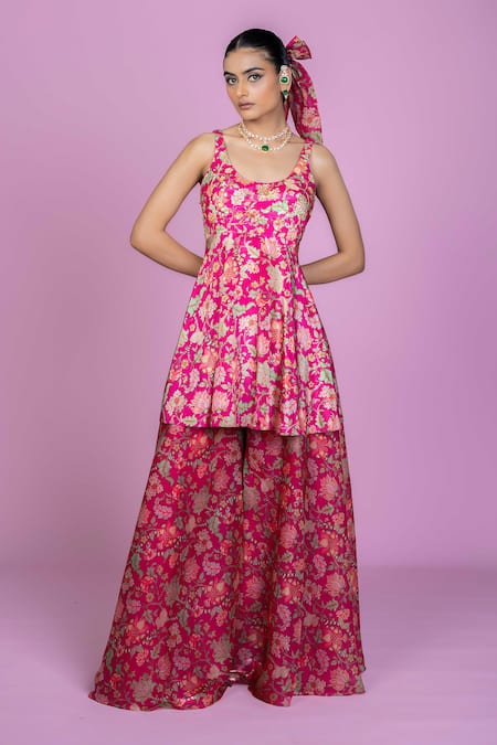 Shop_Damoiselle_Pink Chinon, Silk, Viscose, Georgette Embroidery Scoop Rani Bloom Sharara Set _Online_at_Aza_Fashions