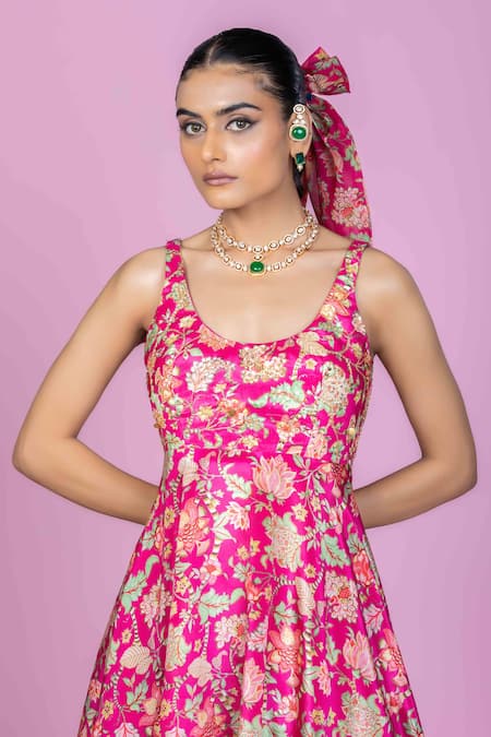 Damoiselle_Pink Chinon, Silk, Viscose, Georgette Embroidery Scoop Rani Bloom Sharara Set _at_Aza_Fashions