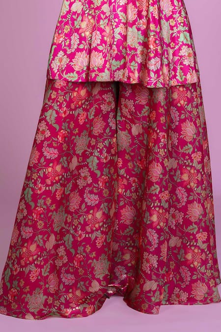 Buy_Damoiselle_Pink Chinon, Silk, Viscose, Georgette Embroidery Scoop Rani Bloom Sharara Set 