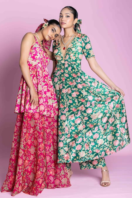 Shop_Damoiselle_Pink Chinon, Silk, Viscose, Georgette Embroidery Scoop Rani Bloom Sharara Set 