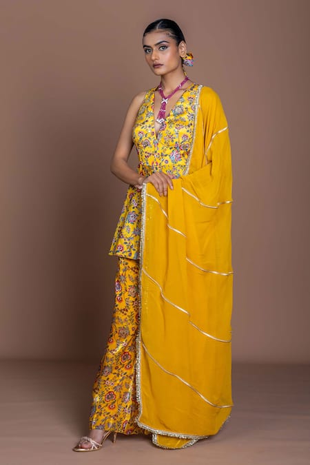 Damoiselle Yellow Chinon, Silk V-neck Sundrop Saa Sharara Set