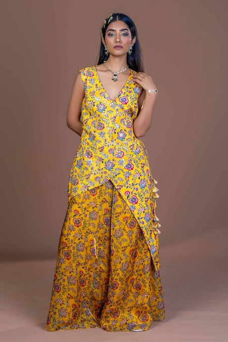Damoiselle Yellow Chinon, Silk Embroidery, Tassels Sunlit Drape Layered Kurta And Sharara Set