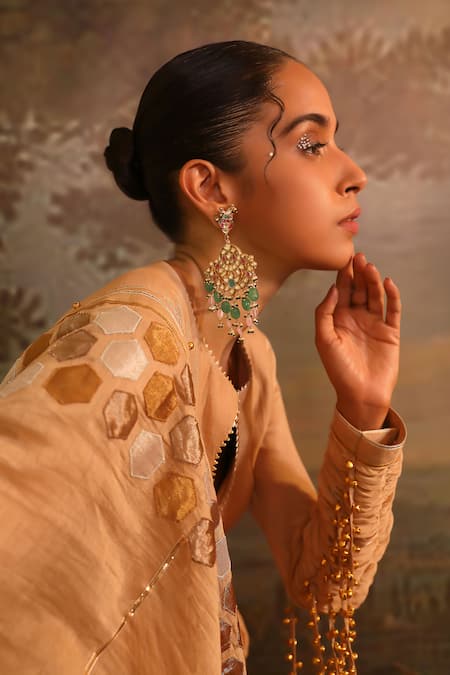 Jigya Japra_Beige Chanderi Beads, Zari Keyhole Neck Anarkali Set _Online_at_Aza_Fashions