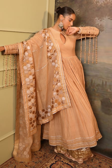 Jigya Japra Beige Chanderi Anarkali Set  