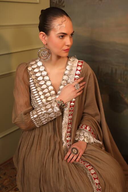 Jigya Japra_Gray Chanderi Sequins V-neck Grey Soft Anarkali Set_Online_at_Aza_Fashions