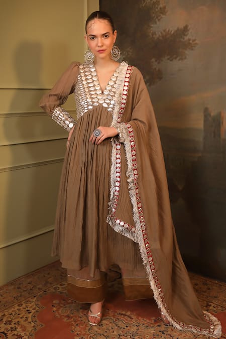 Jigya Japra Gray Chanderi Sequins V-neck Grey Soft Anarkali Set 
