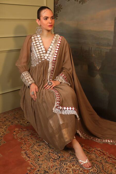 Shop_Jigya Japra_Gray Chanderi Sequins V-neck Grey Soft Anarkali Set_Online_at_Aza_Fashions