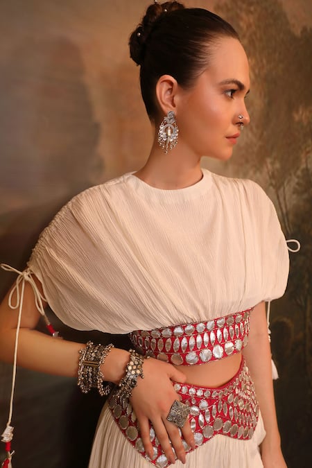 Jigya Japra_White Chanderi, Chiffon Tassels Round Neck Wrinkle Palazzo And Crop Top Set _Online_at_Aza_Fashions