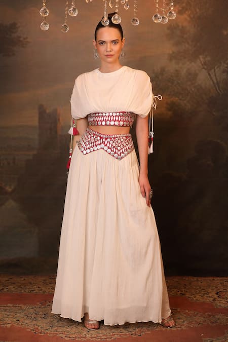 Jigya Japra White Wrinkle Chiffon Palazzo & Crop Top Set 