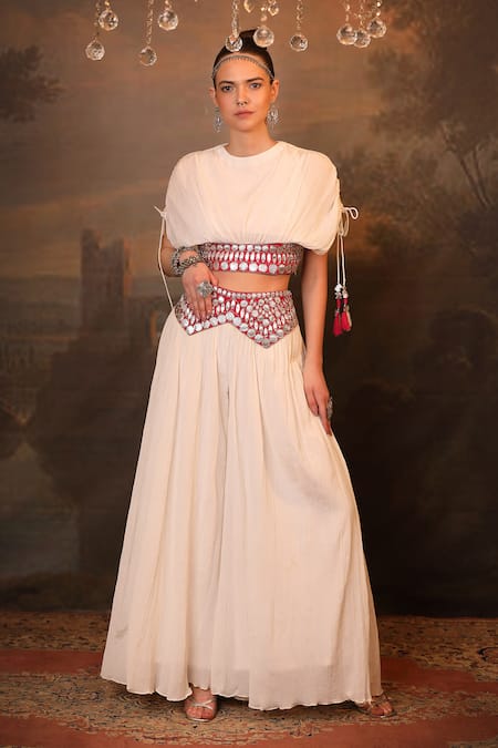 Jigya Japra White Wrinkle Chiffon Palazzo & Crop Top Set 