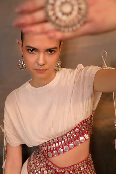 Buy_Jigya Japra_White Chanderi, Chiffon Tassels Round Neck Wrinkle Palazzo And Crop Top Set _Online_at_Aza_Fashions