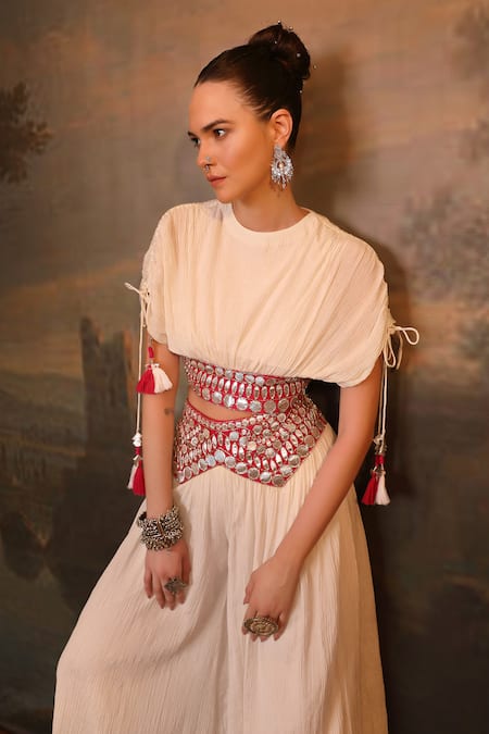 Jigya Japra_White Chanderi, Chiffon Tassels Round Neck Wrinkle Palazzo And Crop Top Set _at_Aza_Fashions